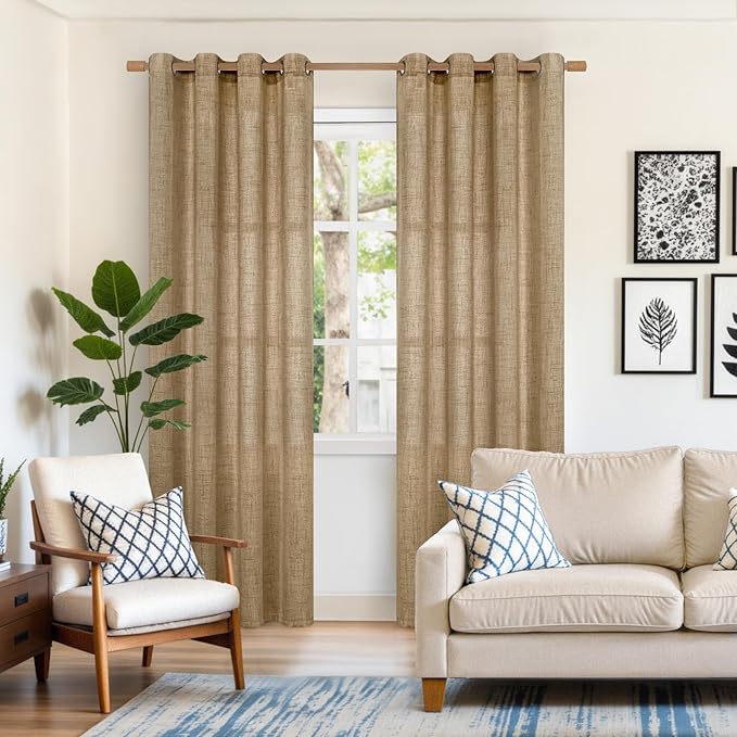 YoungsTex Burlap Linen Curtains 80 Inch Length for Living Room, Light Filtering Drapes Semi Sheer with Bronze Grommet Textured for Bedroom Dining Room Farmhouse Country, Toffee, 52 x 80 Inch, 2 Panels