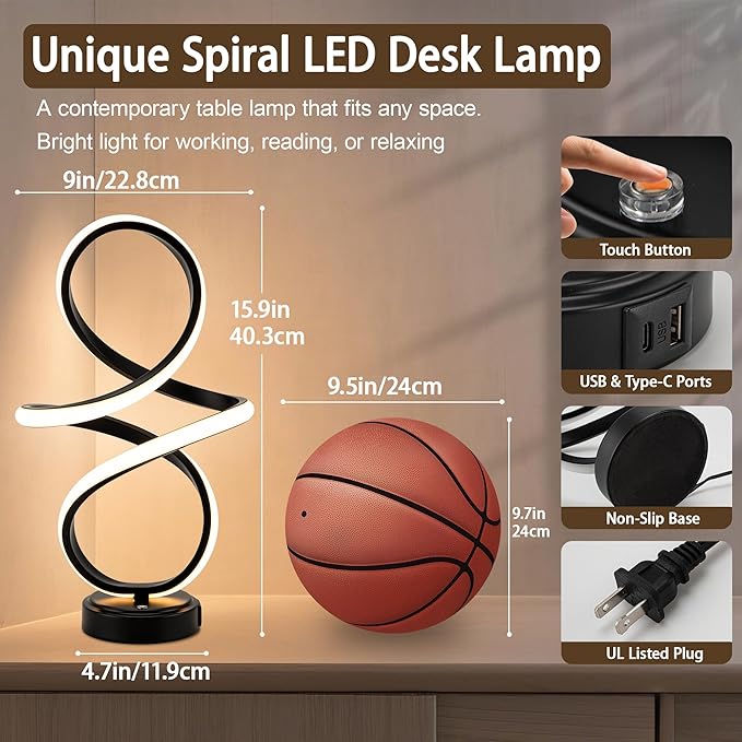 Mayful Modern Spiral Table Lamp, Bedside Lamp with USB C & A Ports, Touch Control Dimmable with 3 Color Temperatures,Unique LED Lamp for Nightstand Bedroom Office Living Room, Black