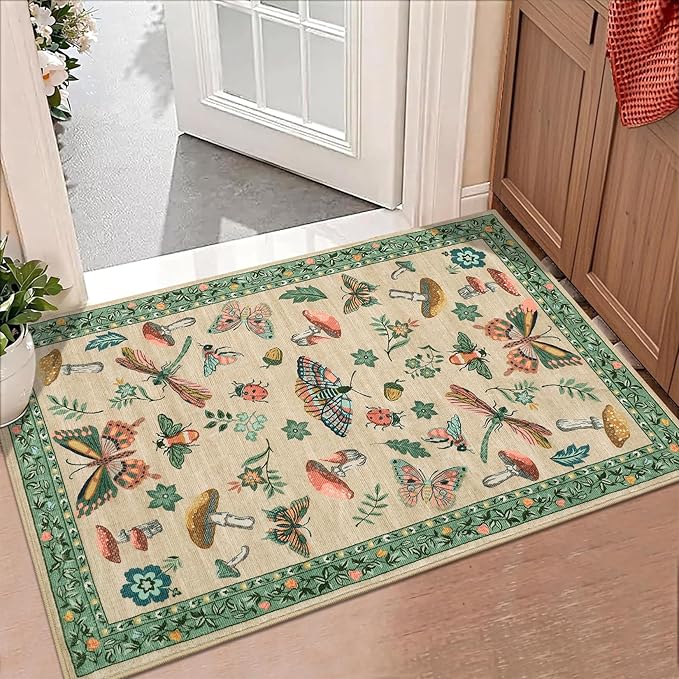 Mushroom Small Rug 2x3 Washable Door Mat Indoor Rugs for Entryway Non-Slip Soft Ultra-Thin Stain Resistant Foldable Rugs Kitchen Bedroom Living Room Khaki Green