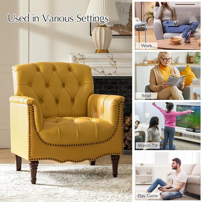 HULALA HOME Mid Century Modern Leather Club Chairs Set of 2, Top-Grain Genuine Leather Armchairs with Button-Tufted Back & Solid Wood Legs, Accent Chairs for Living Room/Bedroom/Home Office, Yellow