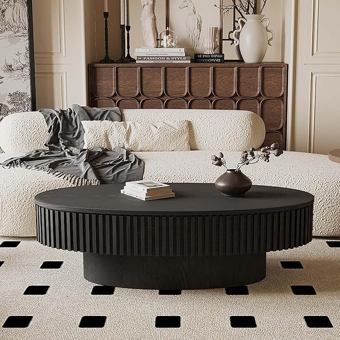 Oval Coffee Table with Storage, Modern Black Coffee Table with Solid Wood Veneered, Fluted Center Table Wood Drum Tea Table for Living Room Apartment, 47.2''L×23.6''W×14.2''H