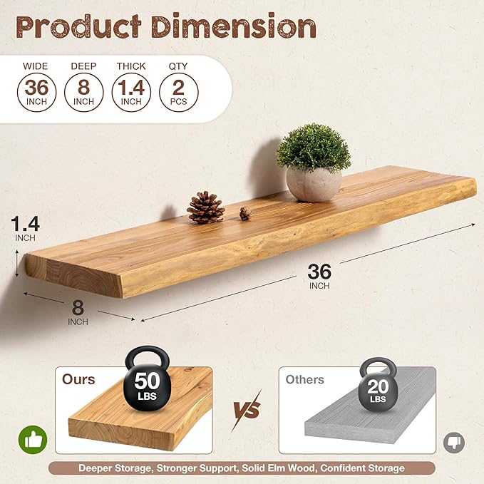 fuqing Live Edge Floating Shelves for Wall 36 inch, 8 Inch Deep Solid Elm Wood Floating Wall Shelves - Rustic Wooden Shelves with Invisible Brackets for Living Room Bedroom Kitchen, 2 Pack, Natural