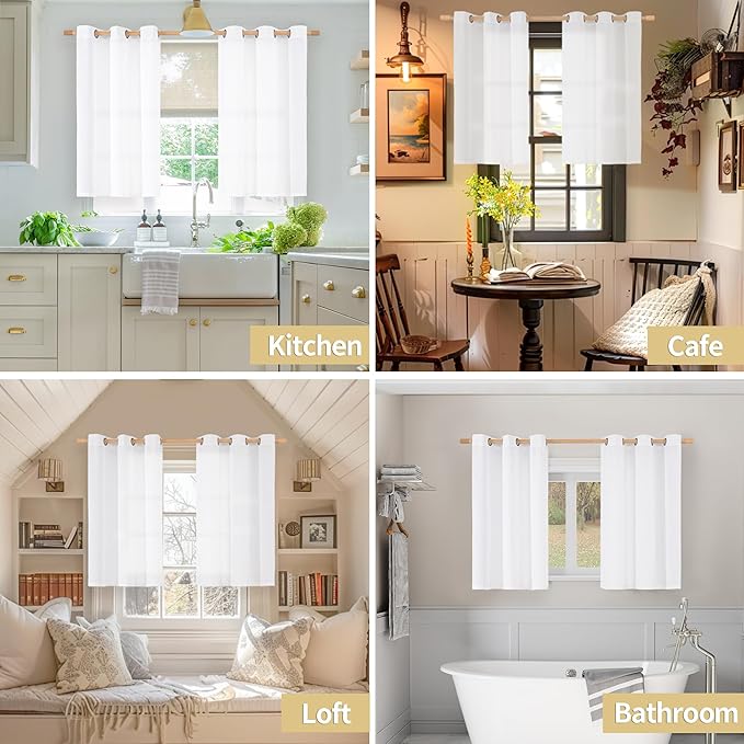YoungsTex White Linen Curtains 36 Inch Length for Kitchen Cafe Window, Semi Sheer Drapes Light Filtering with Bronze Grommet for Bathroom Bedroom Decorative, 42 X 36 Inch