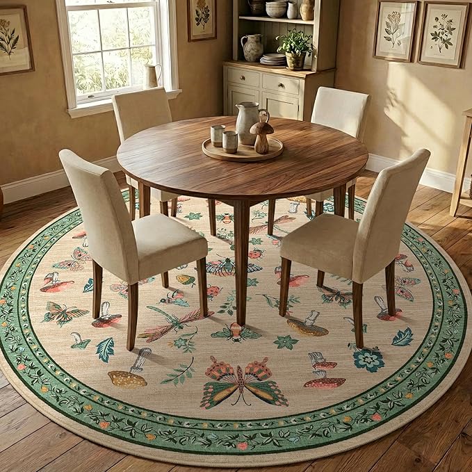 Mushroom Insect 8ft Round Rug Washable Non-Slip Soft Ultra-Thin Large Boho Circle Carpet for Entryway Kitchen Bedroom Nursery Dining Room Khaki Green