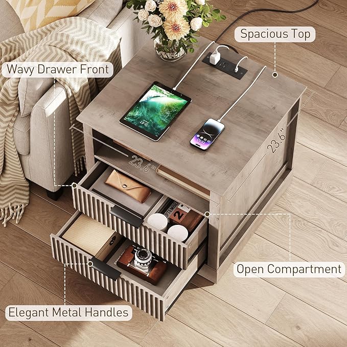 Fluted Nightstand Set of 2, 24'' Sofa Side Table with 2 Drawers, Farmhouse Bedside Table with Storage, Large End Table for Bedroom, Living Room, Greige