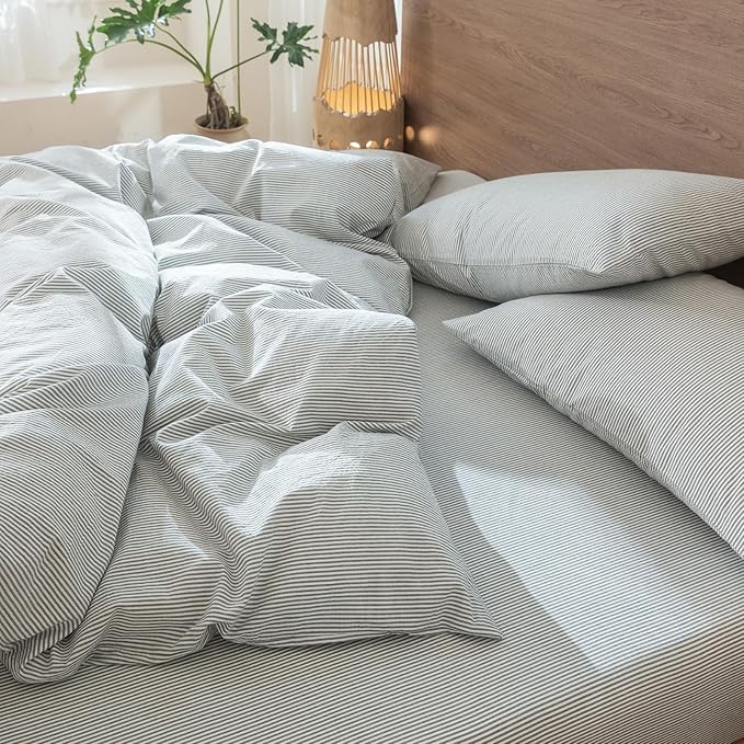 MooMee Striped Duvet Cover Set 100% Washed Cotton Linen Like Textured Breathable Durable Soft Comfy (Heathered Green Pinstripes, Oversized King Plus 128"x120")