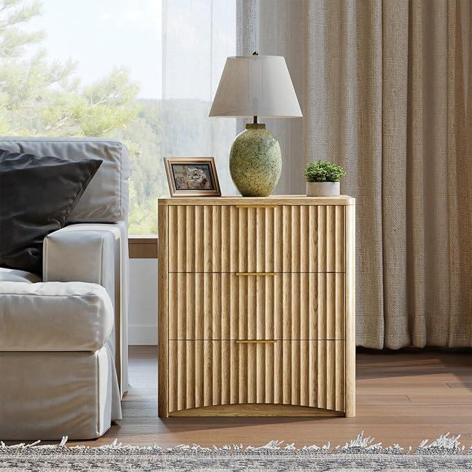 Evermagin Fluted Nightstand, Natural Oak Bedside Table with 3 Drawers, Wood End Table with Storage Mid Century Modern, Large Night Stand for Bedroom