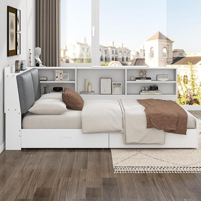 Ball & Cast Full Size Wooden Storage Daybed Frame, Modern Platform Bed with Drawers & Flip Headboard & Shelves, L Shaped Full Floor-Bed w/Upholstered Headboard&Storage, No Box Spring Needed, White