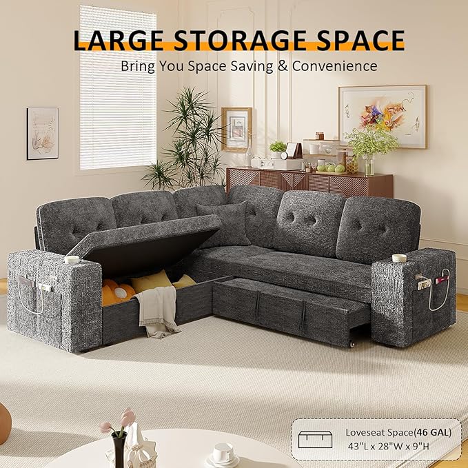 Modular Sectional Sleeper Sofa with Pull Out Bed, L Shaped 5 Seat Sectional Couches for Living Room, 84 Inch Sofa Bed with Adjustable Backrest | Hidden Storage | Wide Armrest | Grey
