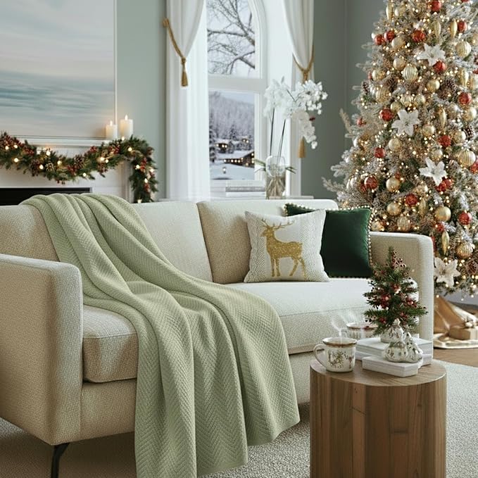 Cloud Scape Linen 100% Cotton Throw Blanket 50x70 Seafoam, Luxury All-Season Warmth, Ultra Soft, Oversized Herringbone Gauze Blanket for Winter, Bed, Couch & Sofa Decor, Best Gift Idea