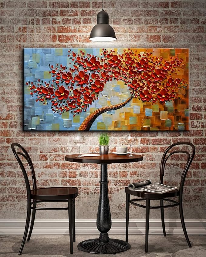 YaSheng Art- hand painted Contemporary Art Oil Painting On Canvas Texture Palette Knife 3D Red Flowers Tree Paintings Abstract Art Home Modern Bedroom Dining Room Living Room Wall Art Decor 20x40inch