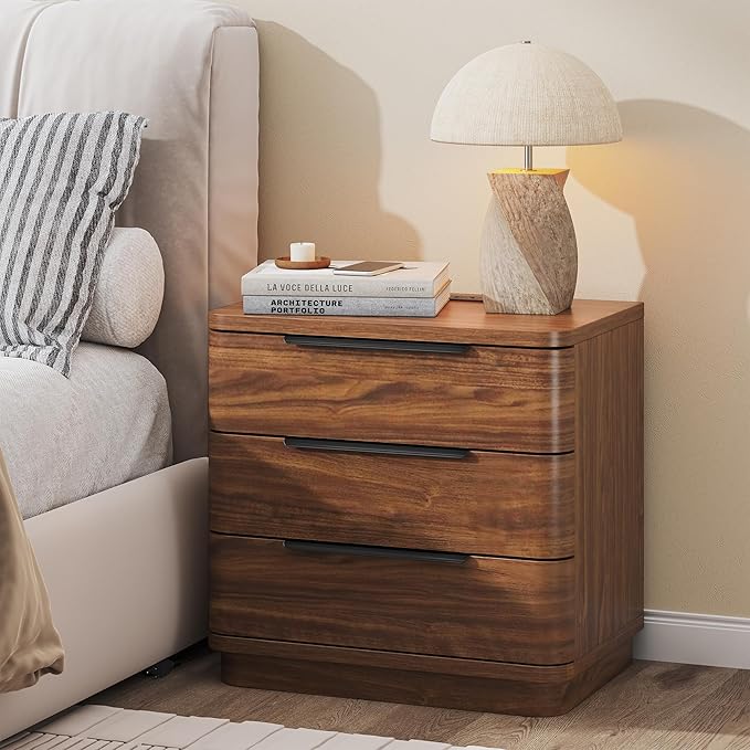 Nightstands Set of 2, Bedside Table with 3 Storage Drawers, 24" Tall Wood Night Stand with Charging Station, Modern Wide End Table Side Table W/Metal Handle Curved Profile for Bedroom