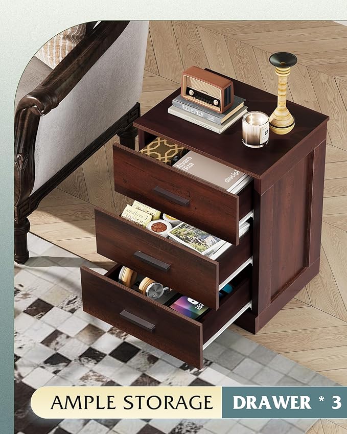 WLIVE Night Stand, Wood Nightstand with 3 Drawers, Bed Side Table for Bedroom, Living Room, Dorm, Modern Minimalist Bedside Table, Espresso