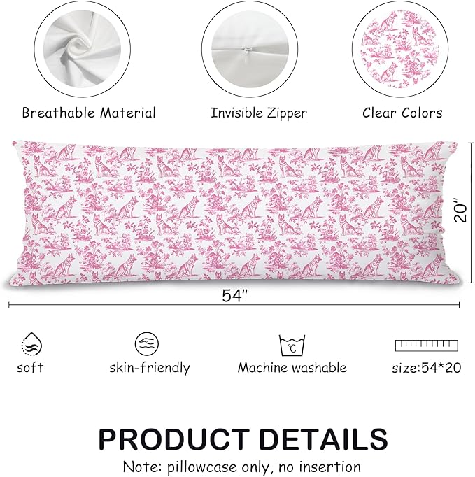 Pink Chinoiserie German Shepherd Dog 20x54 Body Pillow Cover with Zipper,German Shepherd Decor,Grandmillennial Pink Dog Decorative Body Pillow Cases for Bed Couch