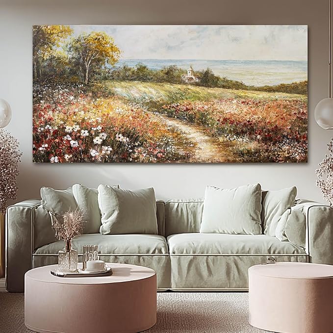 YETHEN WAL Wildflower Meadow Landscape Wall Art with Cottage – Panoramic Country Path Canvas Print, Floral Nature Artwork for Living Room Bedroom, 24x48 Inch