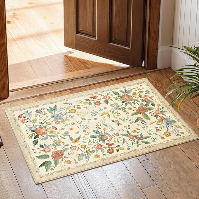 Amada 2x3 Washable Area Rug, Non-Slip & Low-Profile Entryway Rug with Reinforced Edge Binding, Boho Floral Pattern, Soft Small Rugs for Entryway, Kitchen, Living Room