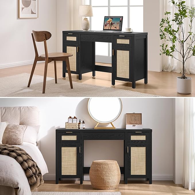 SICOTAS Rattan Vanity Home Office Desk - 52" Large Farmhouse Boho Makeup Vanity Dressing Table with 3 Drawers & 2 Storage Cabinets, Vanities Desk for Makeup Room, Bedroom, Home Office, Black Oak