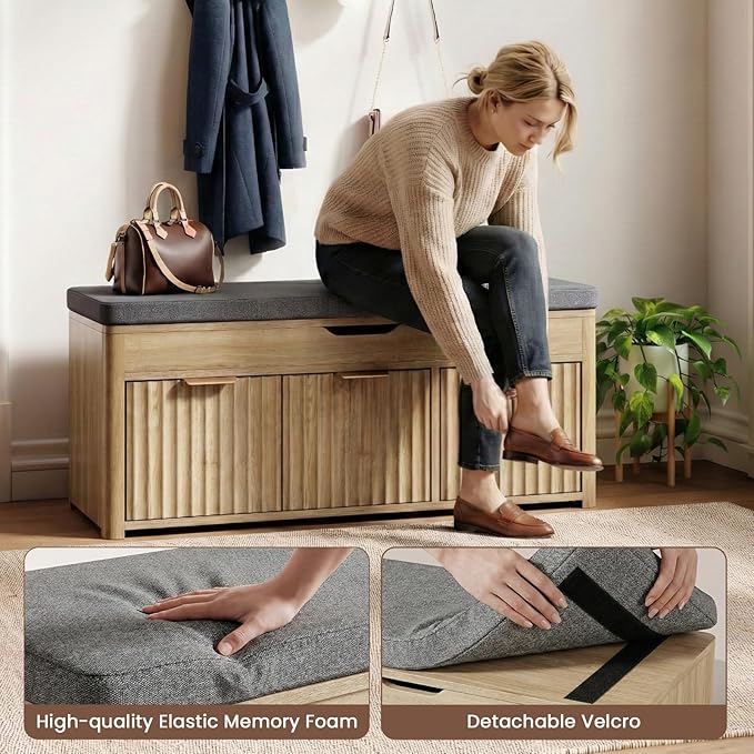 Shoe Bench with Storage - Lift Top Entryway Bench with Hidden Storage, Shoe Rack with Adjustable Shelves and Cushioned Seat, Wooden End of Bed Bench for Bedroom, Living Room and Hallway,Nature