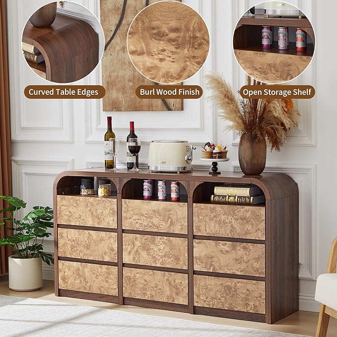 9 Drawer Dresser for Bedroom, Modern Chest of Drawers with Open Shelf, Burl Wood Long Storage Dressers for Closet, Living Room, Hallway (Walnut)