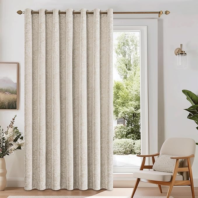 Beauoop Beige Floral Jacquard Blackout Curtains 84 Inches Long for Patio Sliding Door Extra Wide Chenille Flower Divider Room Darkening Thermal Soundproof Grommet Window Drapes, 100x84 Set of 1