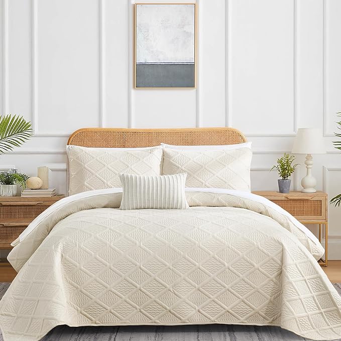 Yiran Quilt King Size Beige Summer Bedspreads Bedding Set 3 Pieces Thin Lightweight Microfiber Coverlet with 2 Pillow Shams for All Season