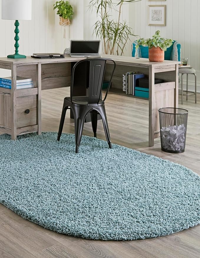 Unique Loom Solid Shag Collection Area Rug (5' 1" x 8' Oval, Light Slate Blue)