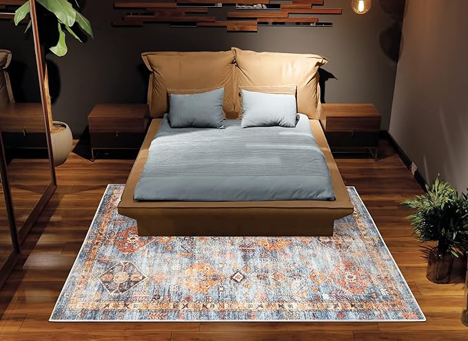 Bloom Rugs Washable Non-Slip 5' x 7' Rug - Blue/Orange Traditional Bordered Area Rug for Living Room, Bedroom, Dining Room, and Kitchen - Exact Size: 5' x 7'
