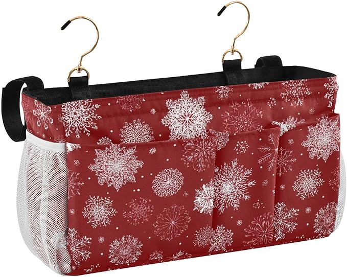 Bedside Caddy Hanging Bunk Bed Caddy Bed Organizer Hanging Pocket with 2 Hooks Bedside Storage Organizer Pocket Bag Holder Red Christmas Snowflakes