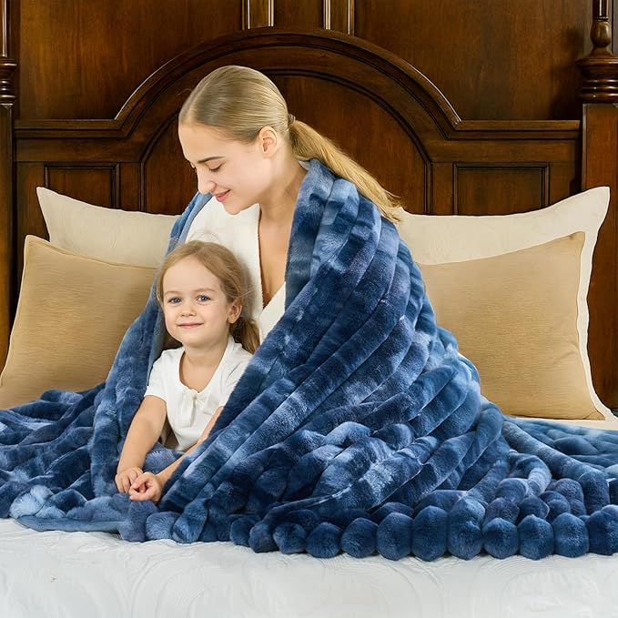 Cozy Bliss Faux Fur Throw Blanket for Couch, Cozy Warm Plush Striped Blanket for Sofa Bedroom Living Room, 108 * 90 Inches Tie-dye Blue