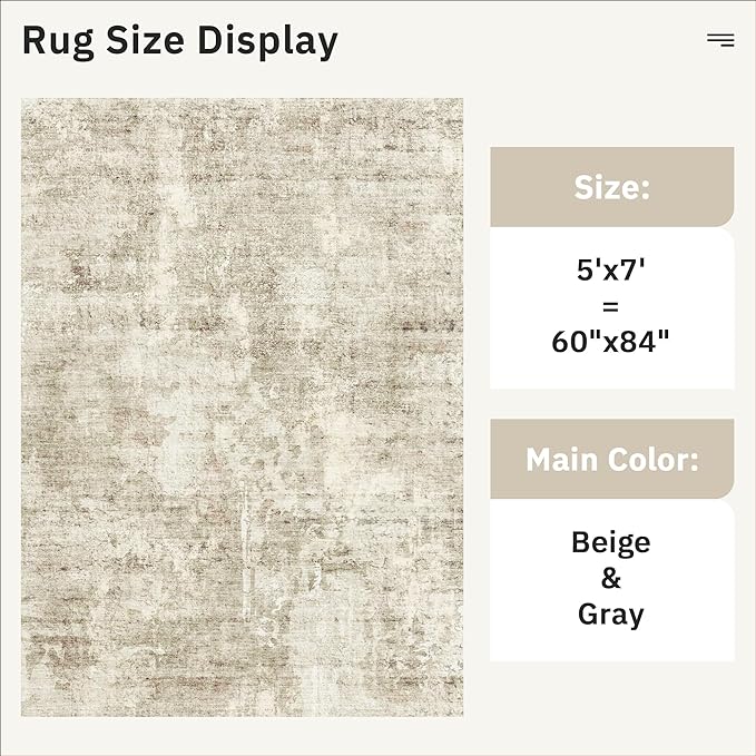 Abstract Rug 5x7 Machine Washable Area Indoor Beige Gray White Low Pile Non-Slip Foldable Thin Accent Rugs for Bedroom Living Room Dining Room Grey