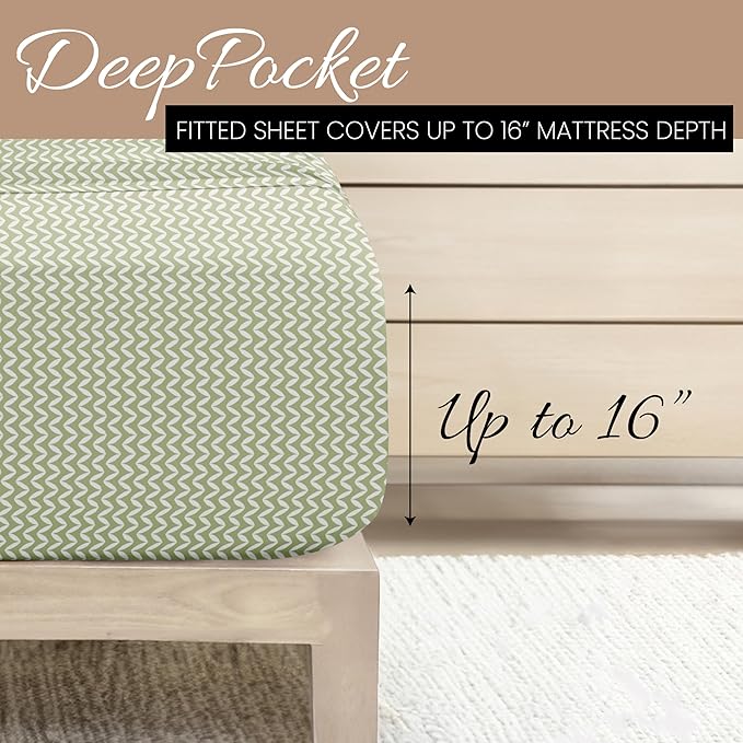 Linen Market Double-Brushed Patterned Microfiber Full Sheet Set 4 Piece – Oeko-TEX Certified Ultra Soft & Wrinkle-Free - 16" Deep Pocket Sheets - Easy Care Full Size - Puffed Chevron Sage