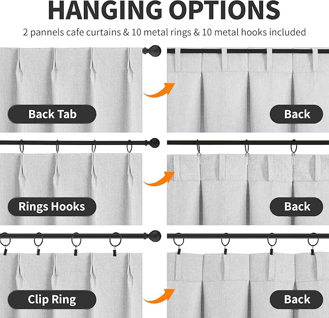WdFour 24x18 Inch Pinch Pleated Blackout Cafe Curtains - Pack of 2, 100% Light Blocking Back Tab Drapes for Half Windows, Kitchen & Bathroom Short Curtains(Greyish White