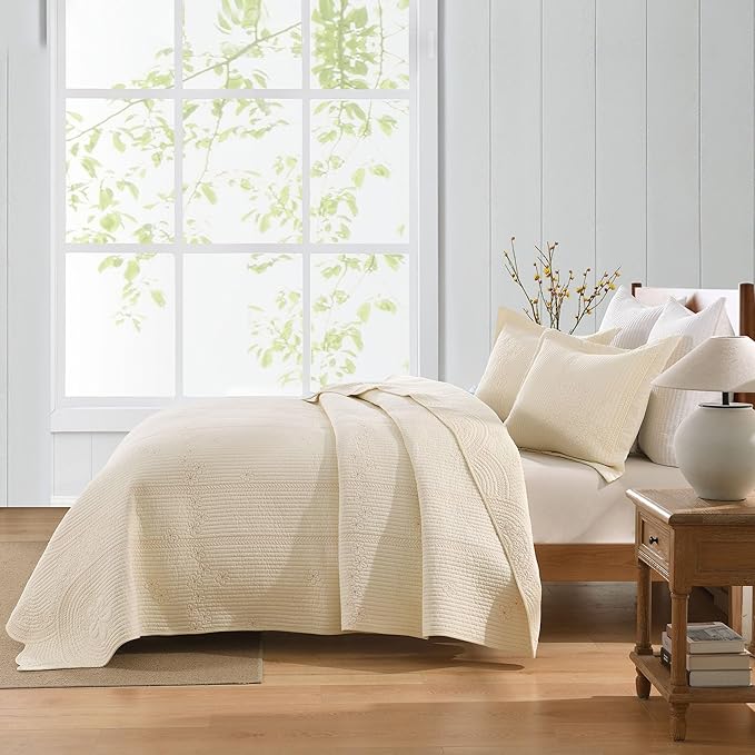 MarCielo 100% Cotton Quilt Set Lightweight Bedspread with Scalloped Edge, Farmhouse Vintage Bedding, All Season Use(Tu Beige,King (112"x102"))