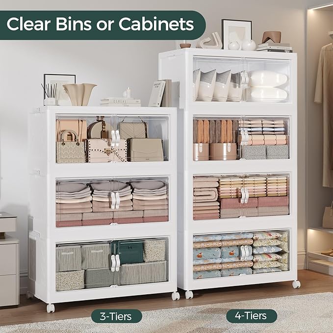 150Gal Stackable Storage Bins with Lid, 600Qt Extra Large Collapsible Storage Box with Doors and Wheels, Plastic Closet Organizer and Storage Cabinet Drawer for Home Kitchen, 5Pack White