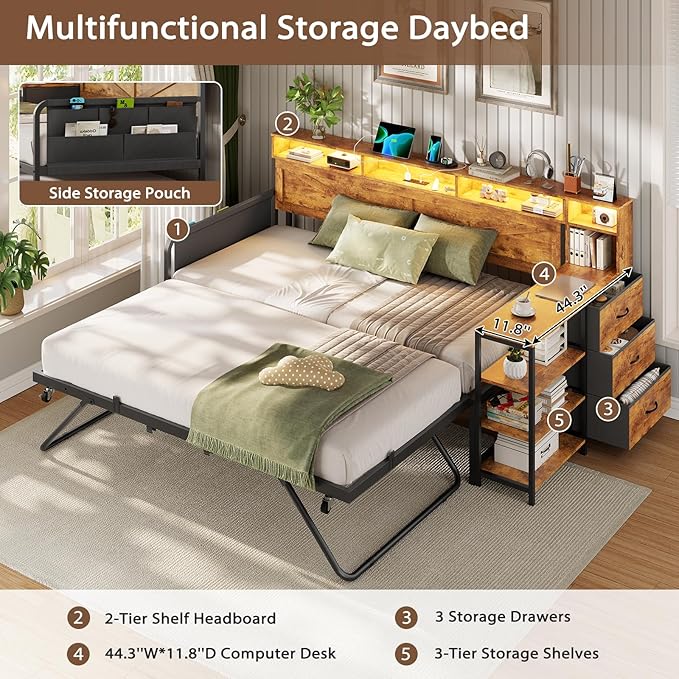 VIAGDO Daybed Twin with Pop Up Trundle, Farmhouse Wooden Day Bed Frame with 3 Storage Drawers and Shelves, Twin to King Daybed with Charging Station and LED Lights for Bedroom, Rustic Brown