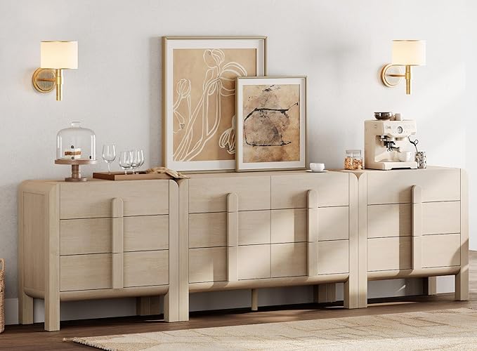 WAMPAT 3 Piece Bedroom Dresser Set, 110.2" Wide Mid Century Modern Chest of Drawers with Curved Handles, Dresser TV Stand with 12 Drawers, Wood Drawer Organizer for Bedroom, Light Oak