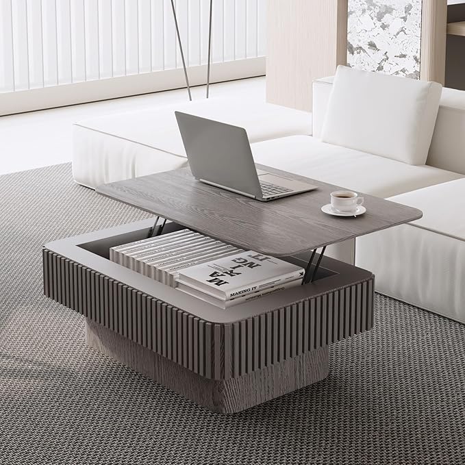 Lift Coffee Table with Storage & Adjustable Height, Rectangle Solid Wood Coffee Table Fluted Center Table Accent Tea Table or Living Room, Apartment, Office (38.6" Grey)