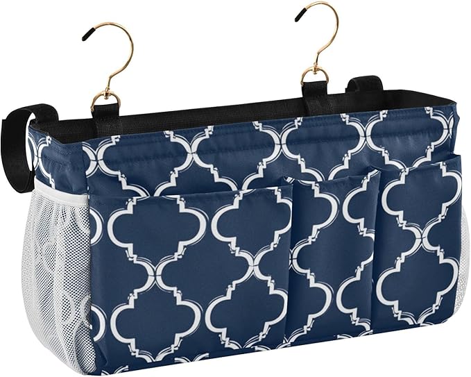 Bedside Caddy Hanging Bunk Bed Caddy Bed Organizer Hanging Pocket with 2 Hooks Bedside Storage Organizer Pocket Bag Holder Navy Blue Geometric Quatrefoil