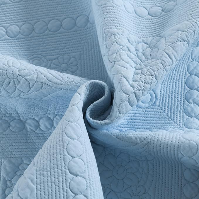 MarCielo 3-Piece 100% Cotton Oversized Bedspread Lightweight Quilt Coverlet Embroidery Farmhouse Bedding Set (TK Light Blue, Oversized Queen (100"x106"))