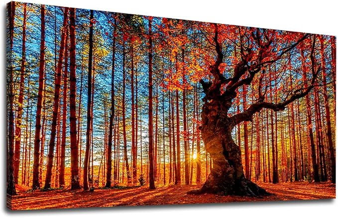 Yearainn Large Canvas Wall Art Forest Sunset Canvas Pictures Red Leaf Trees Landscape Contemporary Nature Picture for Living Room Bedroom Home Office Wall Decor Framed Ready to Hang 24" x 48"