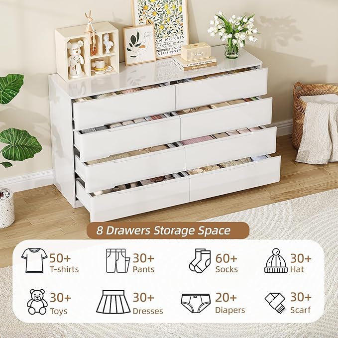 White Wood Dresser, 8 Drawer Dressers for Clothes Storage for Bedroom, Modern Dresser with Wide Drawers, Wide Wooden Chest Drawers for Living Room, Entryway, TV Stand