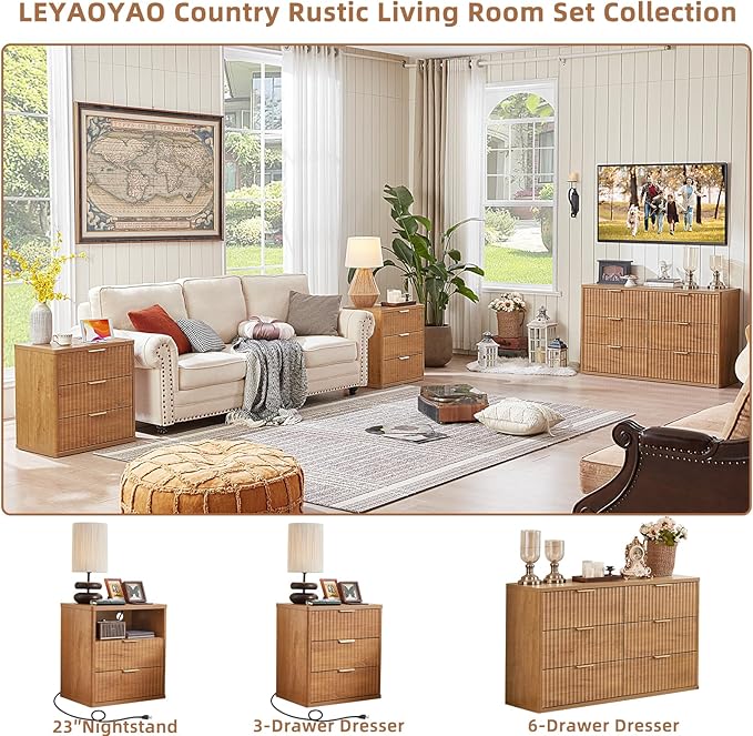 LEYAOYAO 42" Tall Fluted Dresser and 3 Drawers 23" Nightstand Set of 2, Wooden Dresser & Night Stand with Charging Station, 3 Piece Bedroom Furniture Set, Wood Chest of Drawer for Living Room,Brown