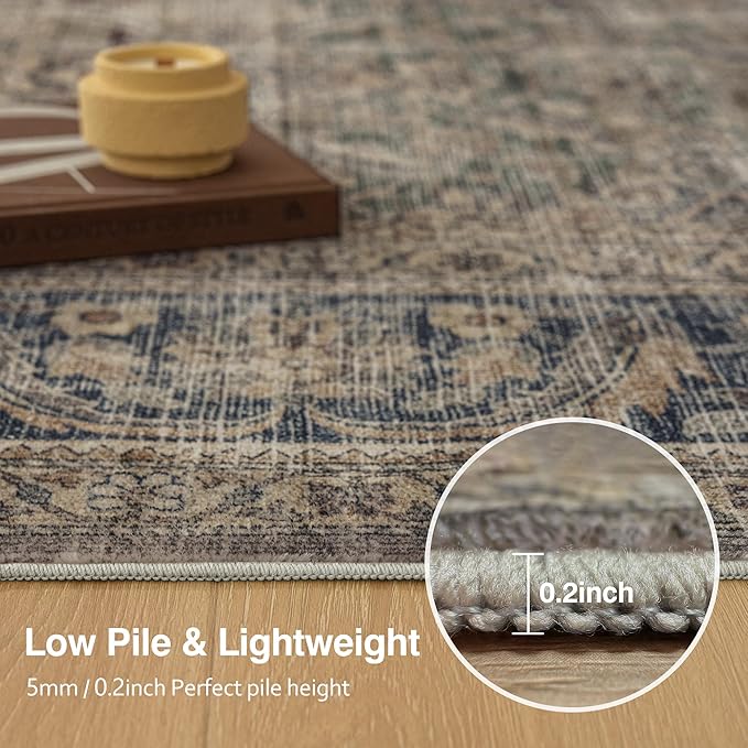 FMFUNCTEX 4x6 Washable Area Rug Neutral Vintage Brown Distressed Non Slip Low Pile Retro Indoor Carpet for Entryway Living Room Bedroom Soft Mat Throw Rug for Dining Office Kitchen Entryway, Multi