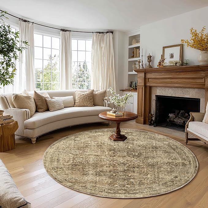 FMFUNCTEX 6ft Round Washable Area Rug Brown Vintage Neutral Distressed Non Slip Carpet for Living Room Bedroom Soft Low Pile Indoor Mat Retro Floral Throw Rug for Dining Room Office Nursery Entry
