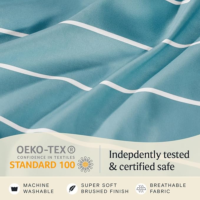 LuxClub 4 PC King Sheet Set, Deep Pockets Wrinkle Free Cooling Bed Sheets Hotel Bedding for Women, Men, Includes 1 Fitted Sheet, 1 Flat Sheet and 2 Pillowcases-Striped - Light Blue