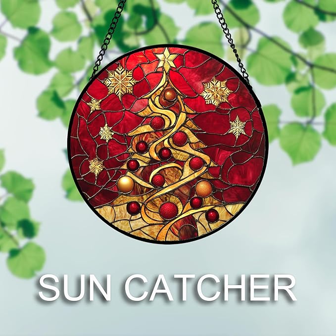 Stained Glass Window Hanging 4 Pcs Set Red Christmas Elk Snowflakes 7.8" - Deer Suncatcher Door Garden Sun Catcher Decor Birthday for Mom Woman Nana Men Friend
