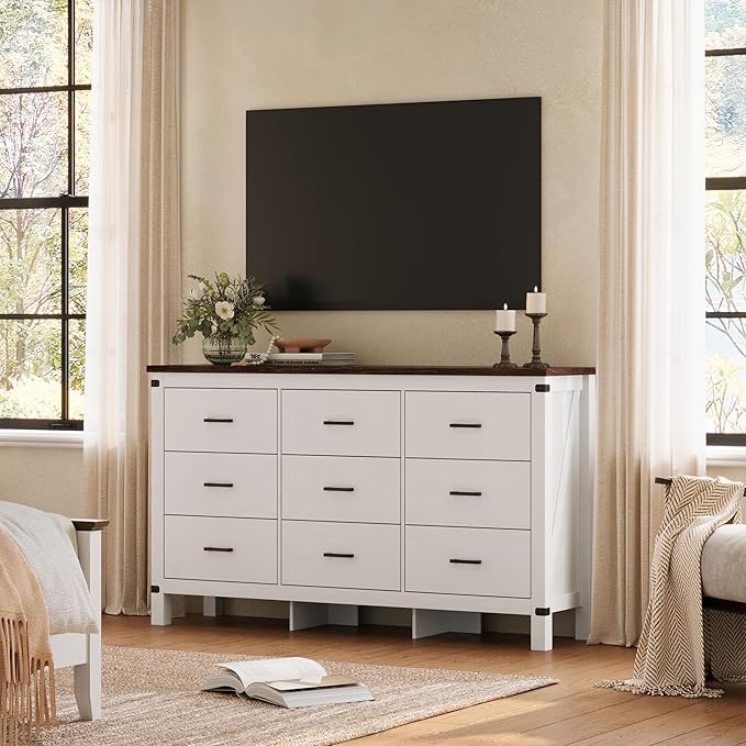 LINSY HOME Dresser for Bedroom with 9 Drawers, 59” Wide Chest with Deep Drawer, Modern Farmhouse Dresser TV Stand with Metal Handles, Wood Storage Cabinet for Closet, Living Room, Hallway, Off White