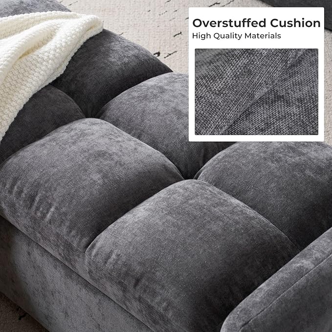Oversized Chenille Ottoman Bench with Storage, Upholstered End of Bed Bench for Bedroom, Ottoman Foot Rest for Living Room, Dark Grey