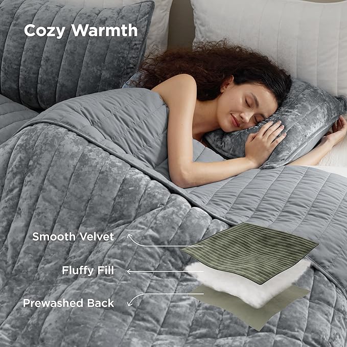 Bedsure Velvet Quilt Queen Size Set - Lightweight Velvet Comforter Queen, Luxury Bedspread Coverlet, Ultra-Soft Winter Bedding Set with 2 Pillow Shams, 90"x96", Sliver Gray