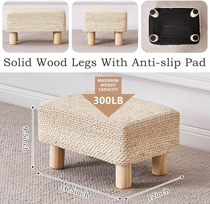 Wimarsbon Natural Seagrass Footstool Ottoman Rectangular Footrest Pouf Ottomans with Wooden Legs Hand Weave Step Stool for Living Room Bedroom Entryway Natural White